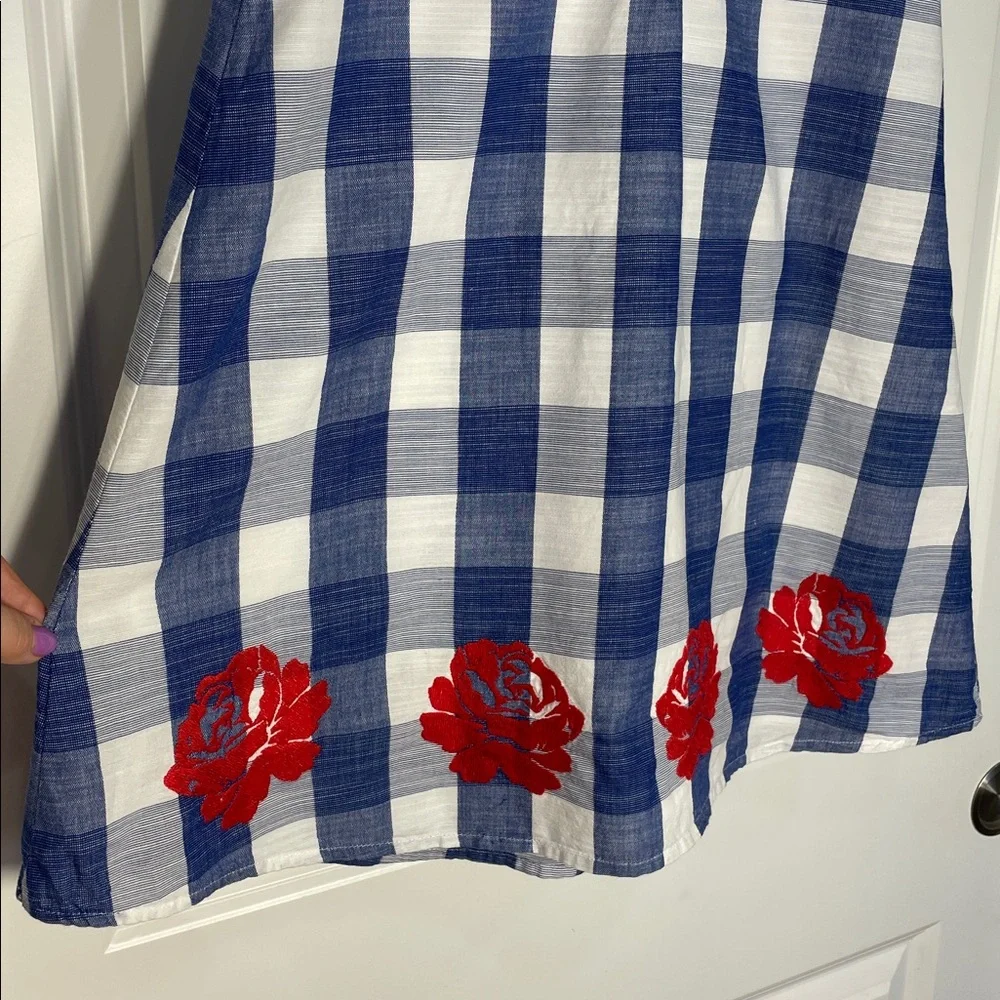Janie and Jack Embroidery Floral Gingham Dress Size 7 Blue Red Sleeveless Ruffle